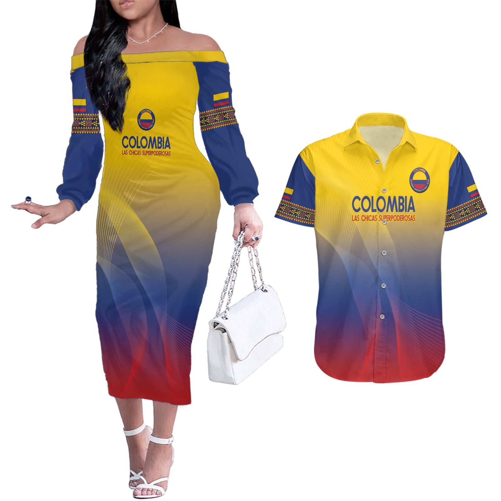 Custom Colombia Football Couples Matching Off The Shoulder Long Sleeve Dress and Hawaiian Shirt Summer 2024 Las Chicas Superpoderosas - Wonder Print Shop