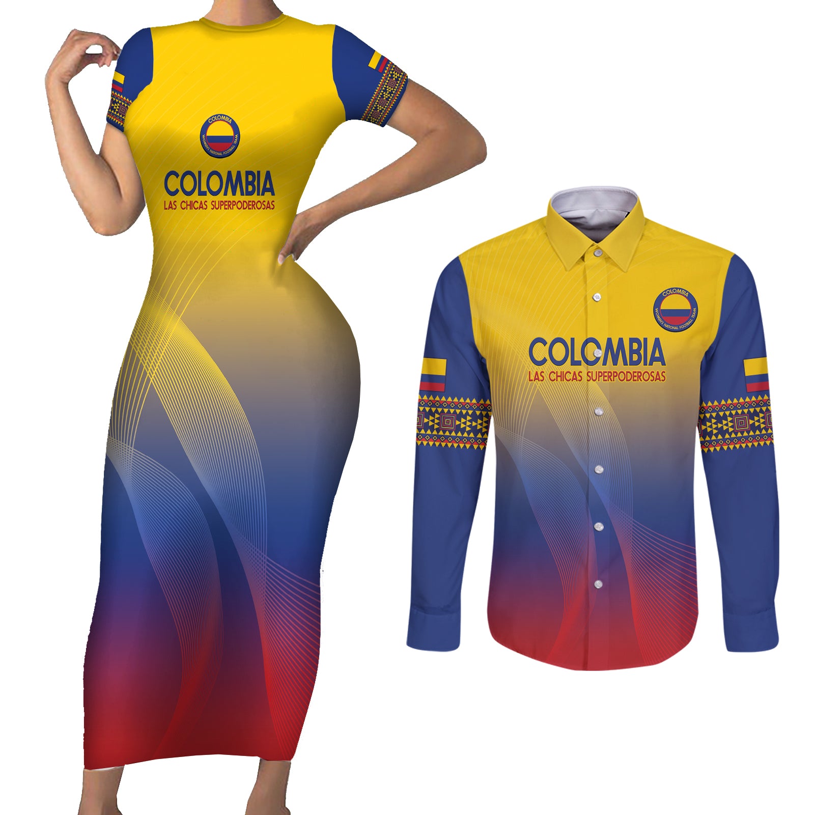 Custom Colombia Football Couples Matching Short Sleeve Bodycon Dress and Long Sleeve Button Shirt Summer 2024 Las Chicas Superpoderosas - Wonder Print Shop