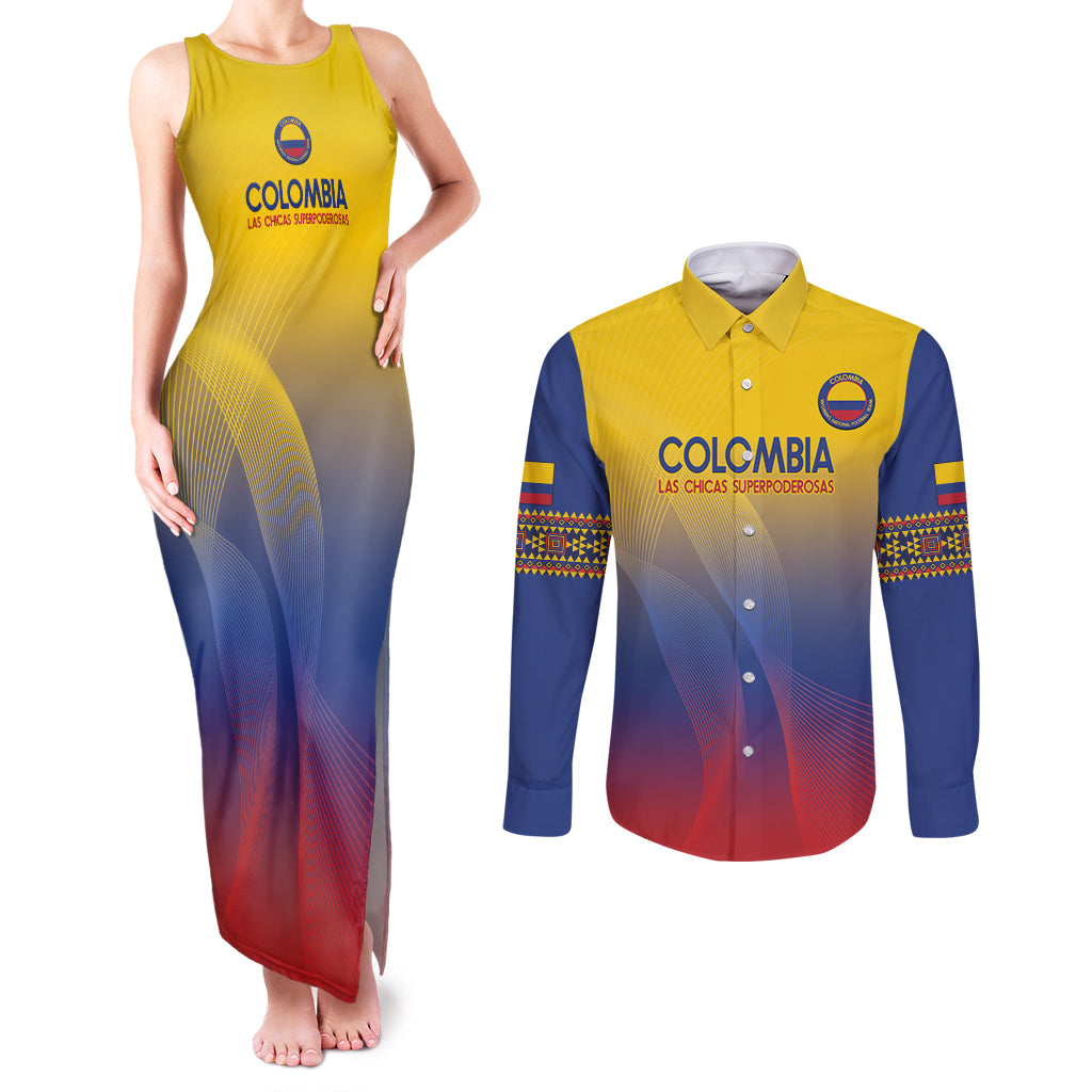 Custom Colombia Football Couples Matching Tank Maxi Dress and Long Sleeve Button Shirt Summer 2024 Las Chicas Superpoderosas - Wonder Print Shop