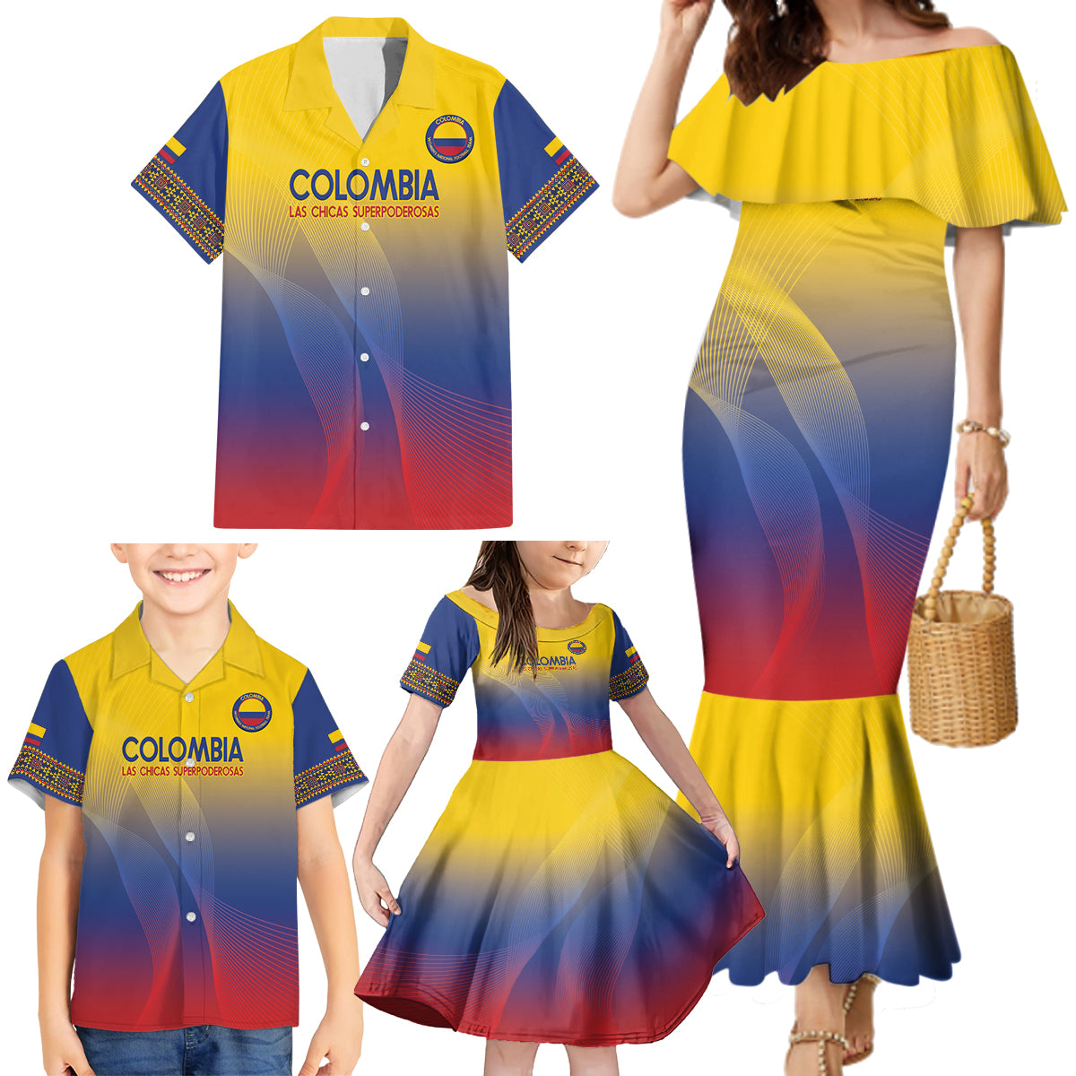 Custom Colombia Football Family Matching Mermaid Dress and Hawaiian Shirt Summer 2024 Las Chicas Superpoderosas - Wonder Print Shop