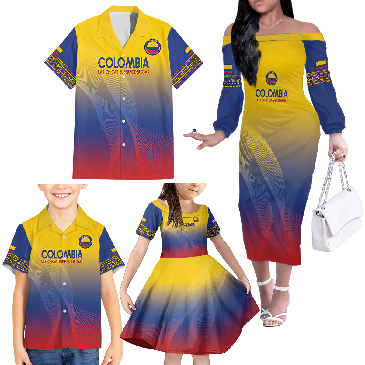 Custom Colombia Football Family Matching Off The Shoulder Long Sleeve Dress and Hawaiian Shirt Summer 2024 Las Chicas Superpoderosas - Wonder Print Shop