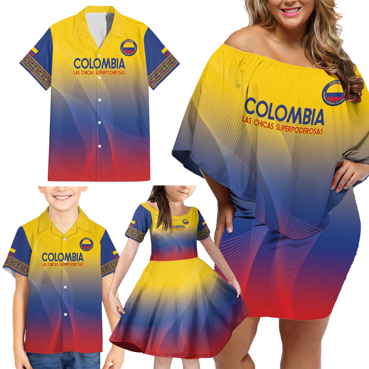 Custom Colombia Football Family Matching Off Shoulder Short Dress and Hawaiian Shirt Summer 2024 Las Chicas Superpoderosas - Wonder Print Shop