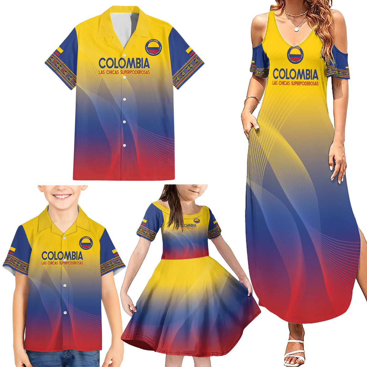 Custom Colombia Football Family Matching Summer Maxi Dress and Hawaiian Shirt Summer 2024 Las Chicas Superpoderosas - Wonder Print Shop