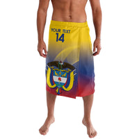 Yellow football shorts with YOUR TEXT 14 and Colombia crest graphic
