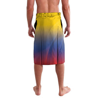 Gradient yellow-blue football shorts with red accents