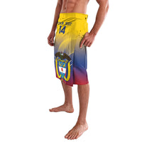 Yellow-blue football shorts with YOUR TEXT 14 and Colombia crest