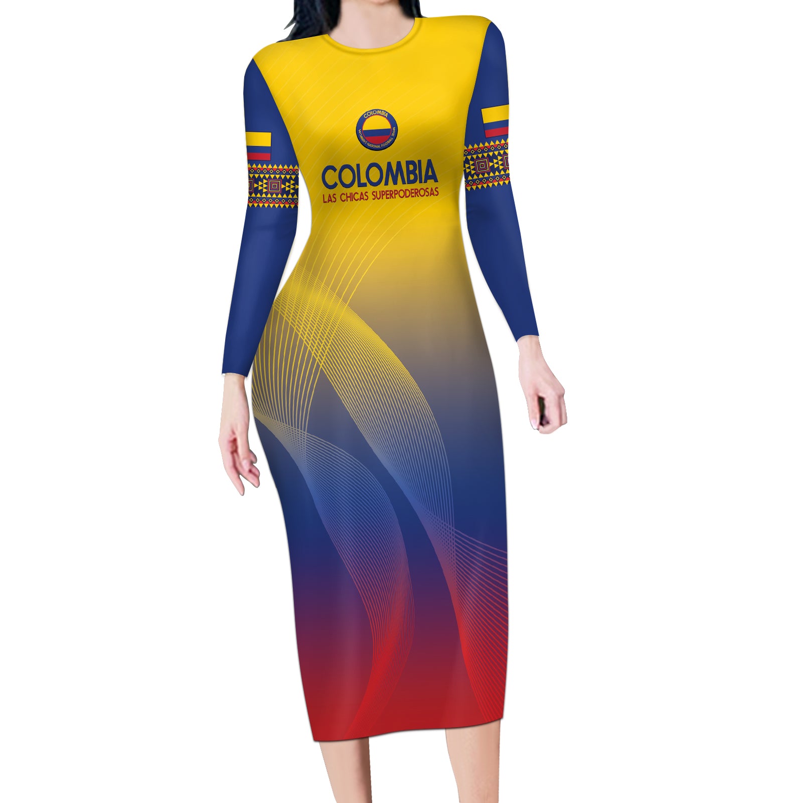 Custom Colombia Football Long Sleeve Bodycon Dress Summer 2024 Las Chicas Superpoderosas - Wonder Print Shop