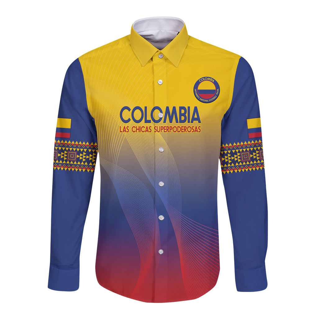 Long-sleeve button football shirt, yellow with blue sleeves and Colombia crest on front