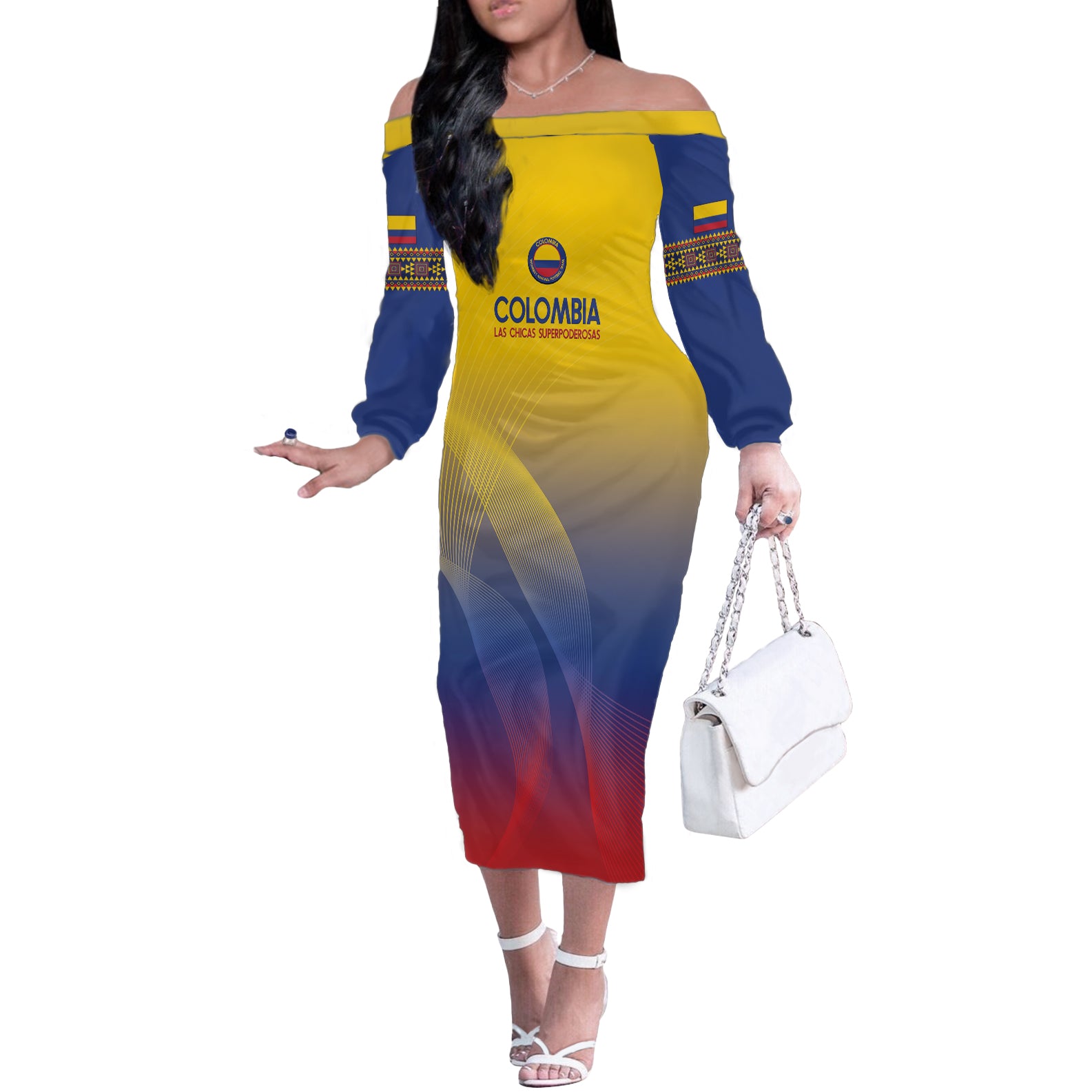 Custom Colombia Football Off The Shoulder Long Sleeve Dress Summer 2024 Las Chicas Superpoderosas - Wonder Print Shop