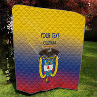 Yellow, blue, and red quilt featuring the Colombia crest and “YOUR TEXT” lettering.