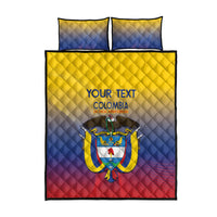Colombia football quilt bed set with two blue pillows, crest graphic and 'YOUR TEXT'