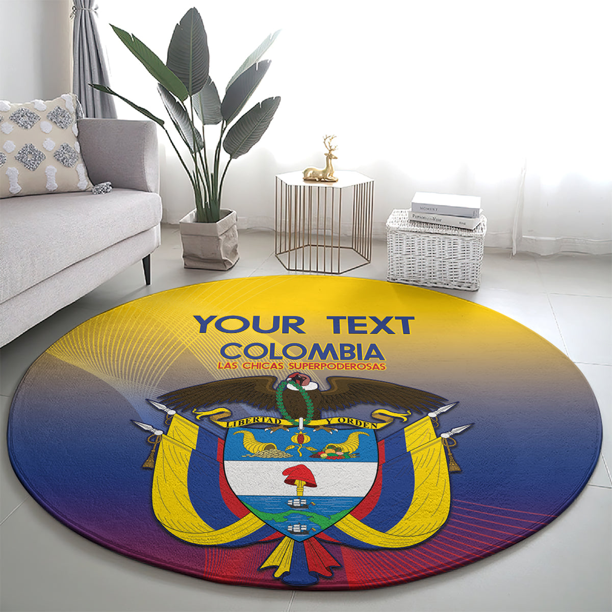 Round rug with yellow-blue gradient, Colombia crest graphic and “YOUR TEXT COLOMBIA”
