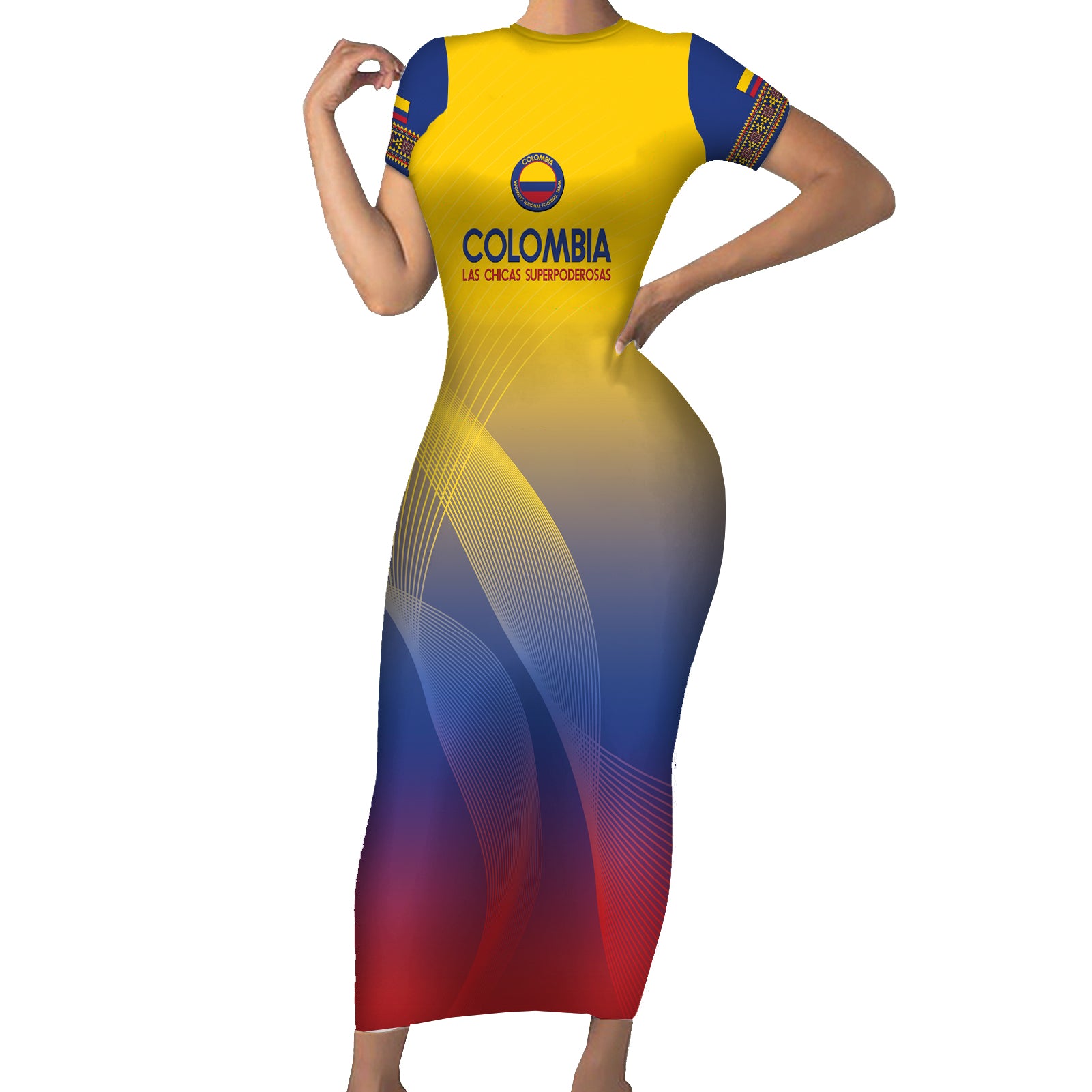 Custom Colombia Football Short Sleeve Bodycon Dress Summer 2024 Las Chicas Superpoderosas - Wonder Print Shop