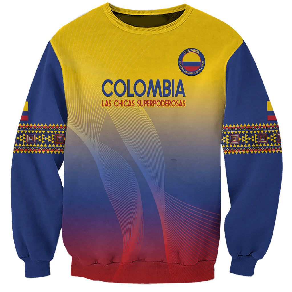 Unisex football sweatshirt with Colombia crest; yellow-blue-red gradient, navy sleeves