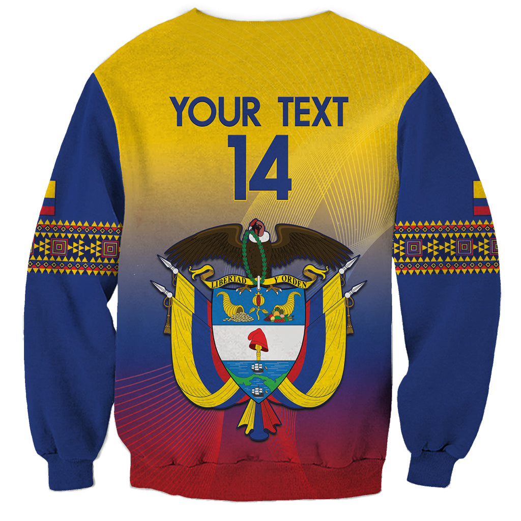 Unisex football sweatshirt back, YOUR TEXT 14; yellow-blue-red gradient, navy sleeves