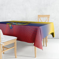 Yellow, blue and red football-themed tablecloth with colorful crest graphic