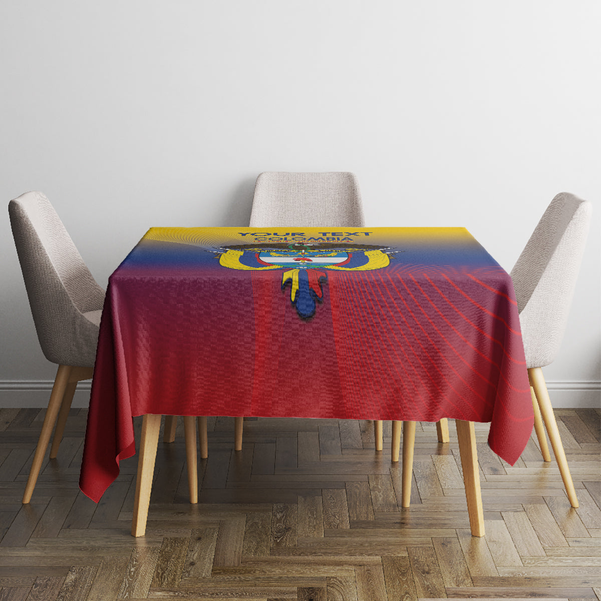 Football-themed tablecloth on table with yellow-blue-red gradient pattern