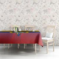 Blue, red and yellow football-themed tablecloth with colorful graphic design