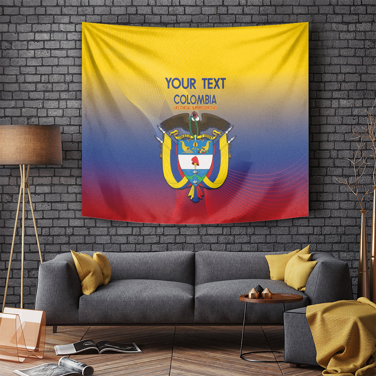 Colombia flag-themed wall tapestry with eagle crest emblem, yellow, blue, and red gradient text.