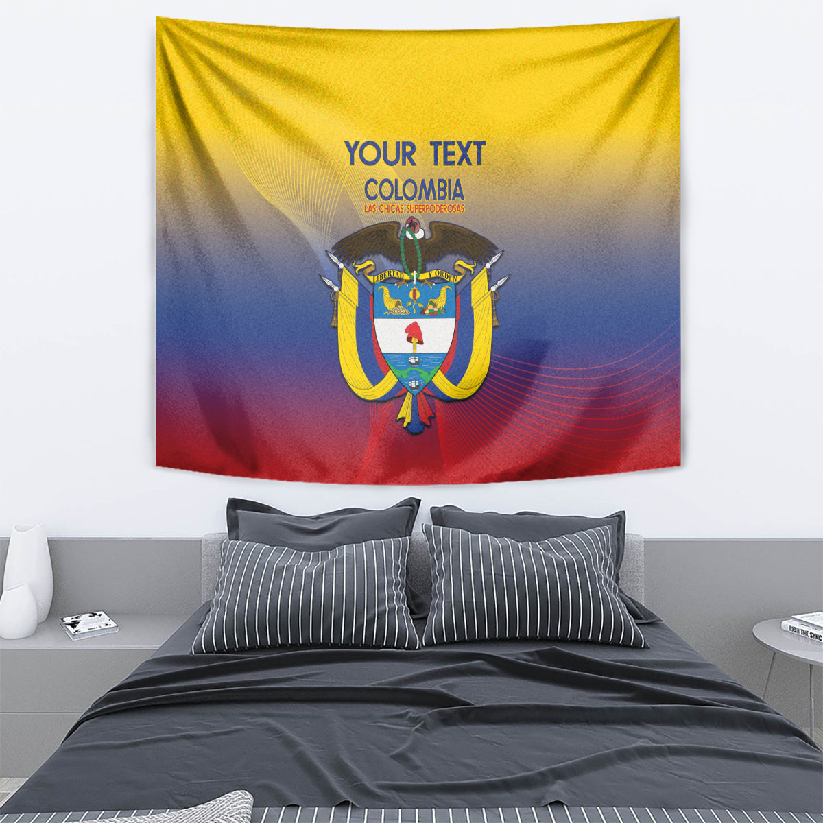 Colombia wall tapestry showing custom text above eagle crest on yellow, blue, and red fabric.