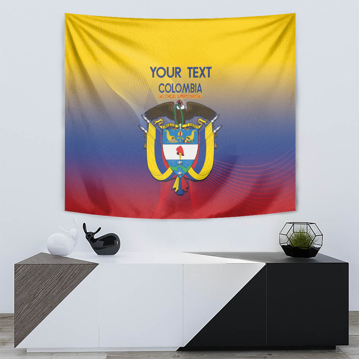 Rectangular Colombia wall tapestry in yellow, blue, and red with eagle crest and custom text.