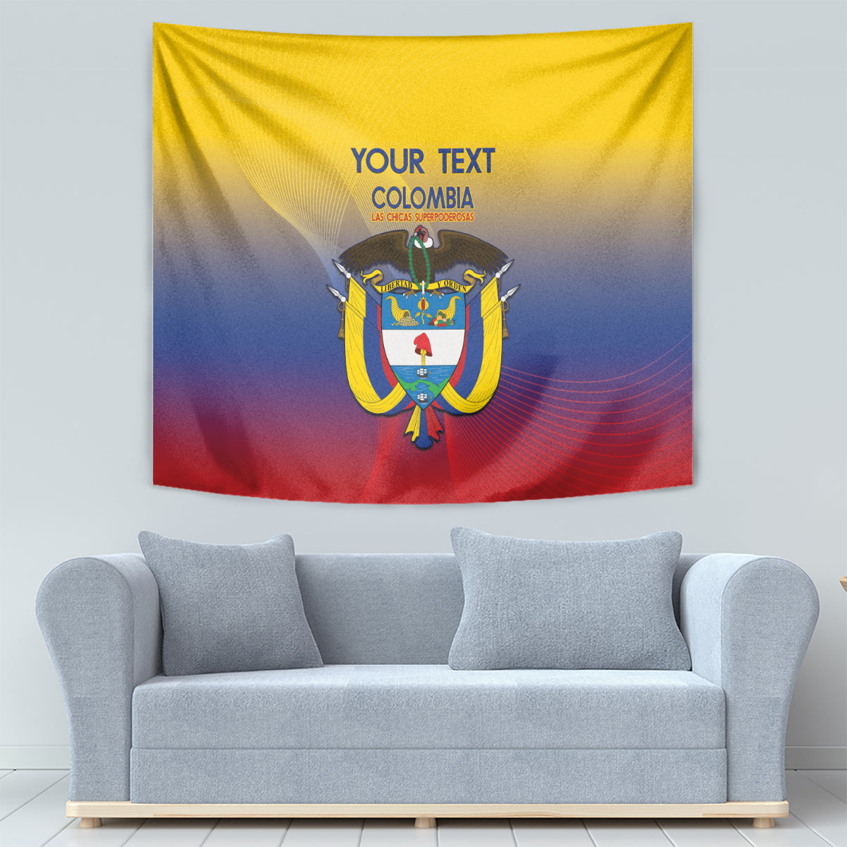 Colombia wall tapestry with yellow, blue, red gradient and crest, rectangular with custom text.