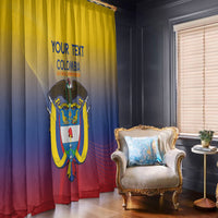Yellow top blue and red window curtain with crest graphic and “YOUR TEXT” on the fabric.
