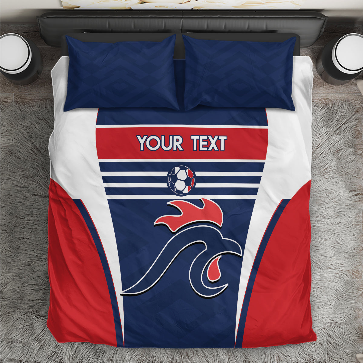 Blue, red and white football bedding set with quilted pillow shams and player emblem