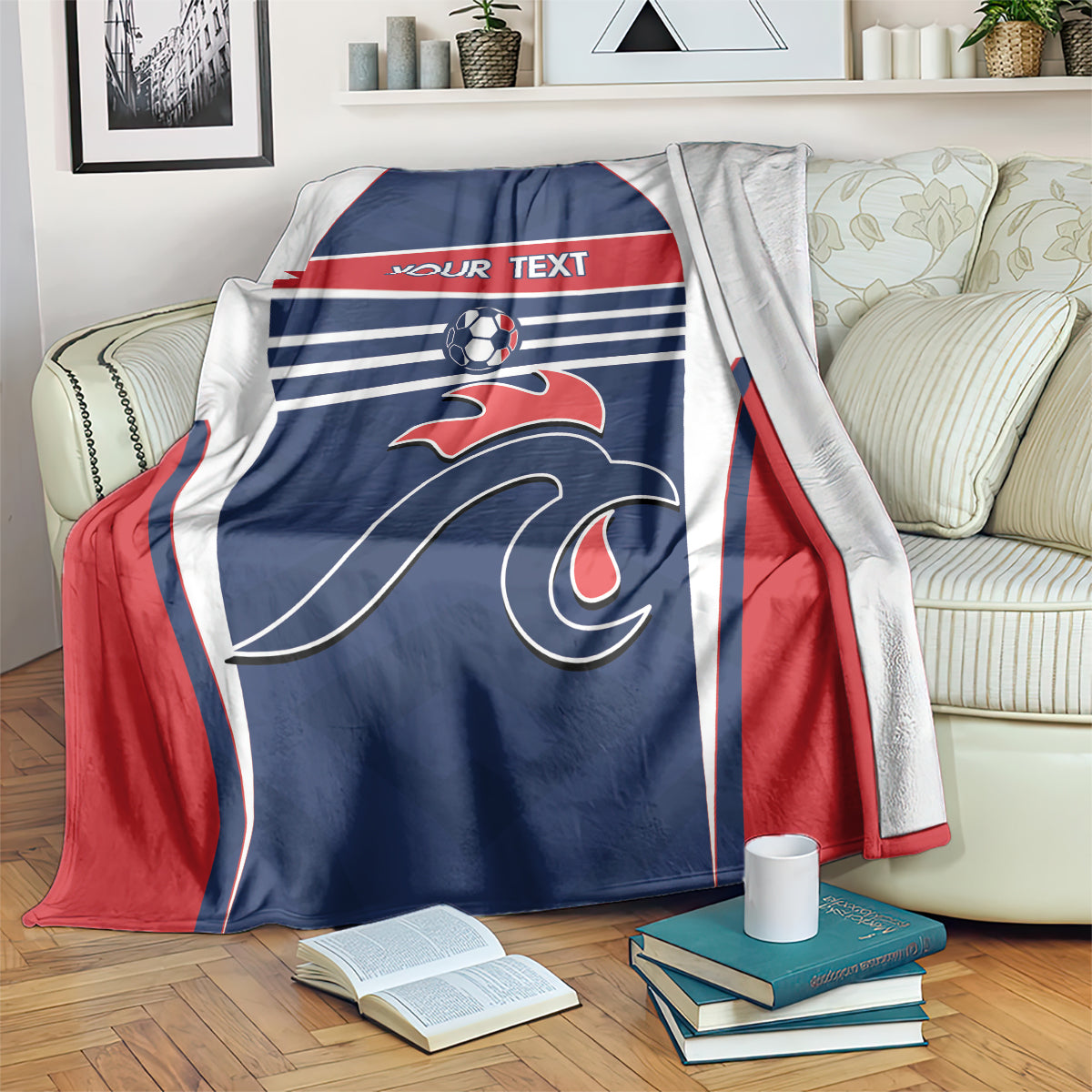Blue football blanket with red and white stripes, custom text, and soccer ball crest