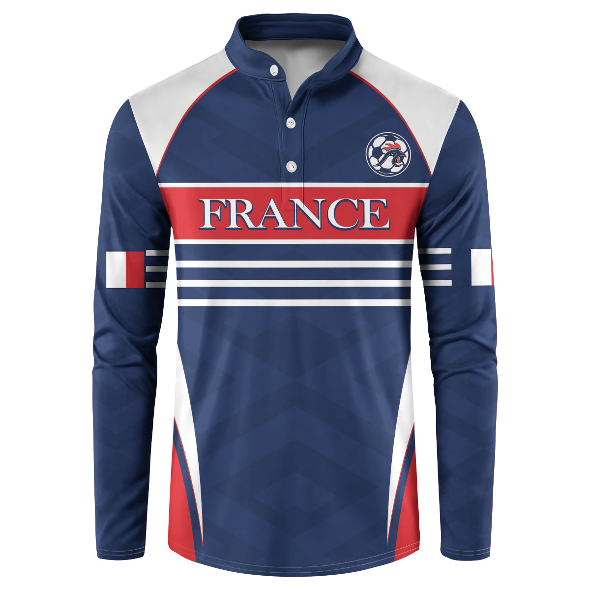 Navy button-front sweatshirt with France text, sleeve flag stripes, and crest