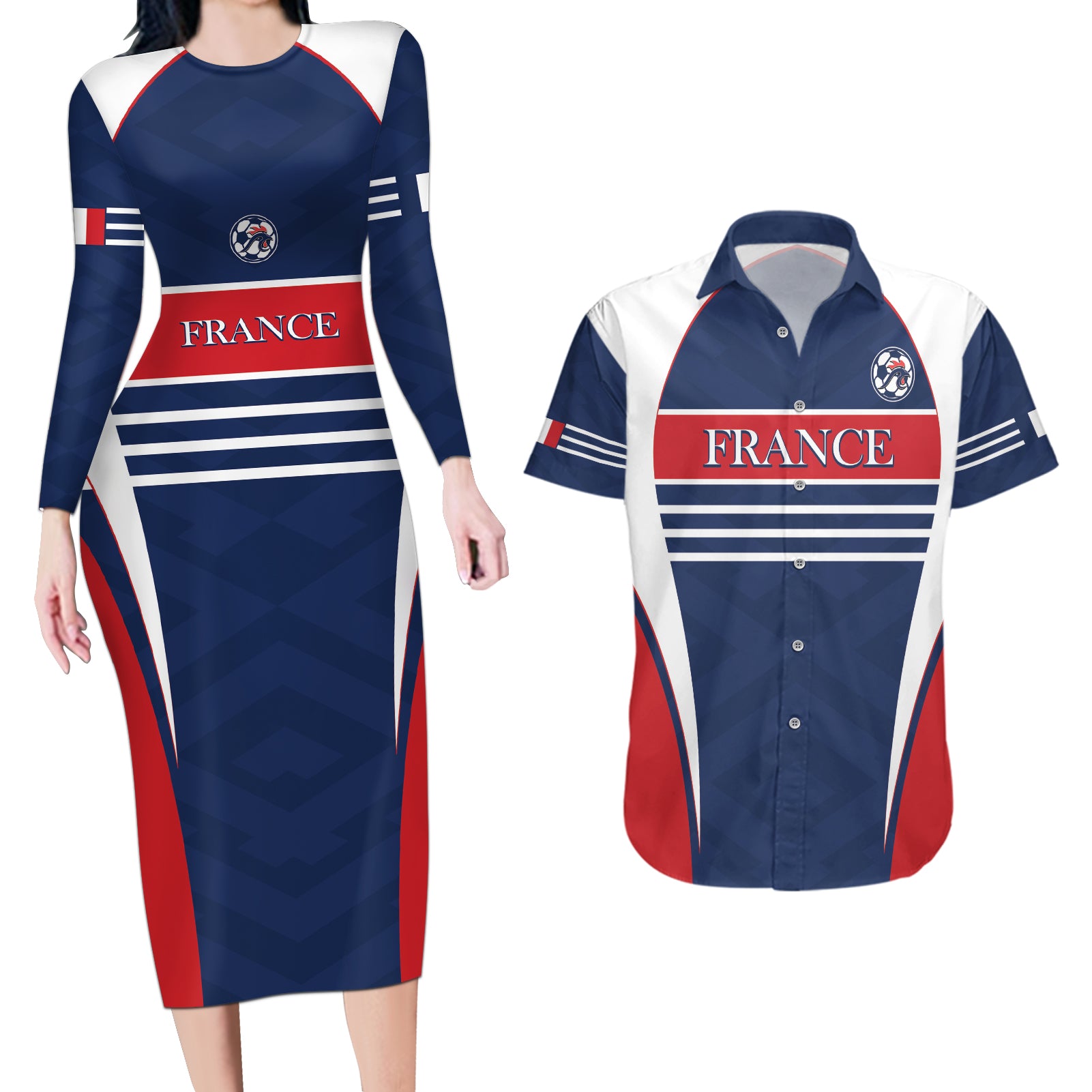 Custom France Football Couples Matching Long Sleeve Bodycon Dress and Hawaiian Shirt Summer 2024 Les Bleues - Wonder Print Shop