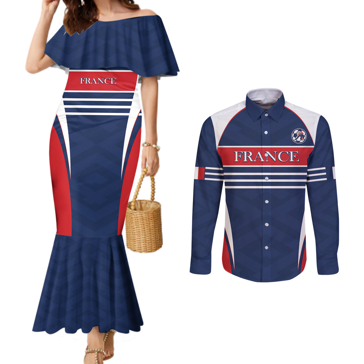 Custom France Football Couples Matching Mermaid Dress and Long Sleeve Button Shirt Summer 2024 Olympic Les Bleues