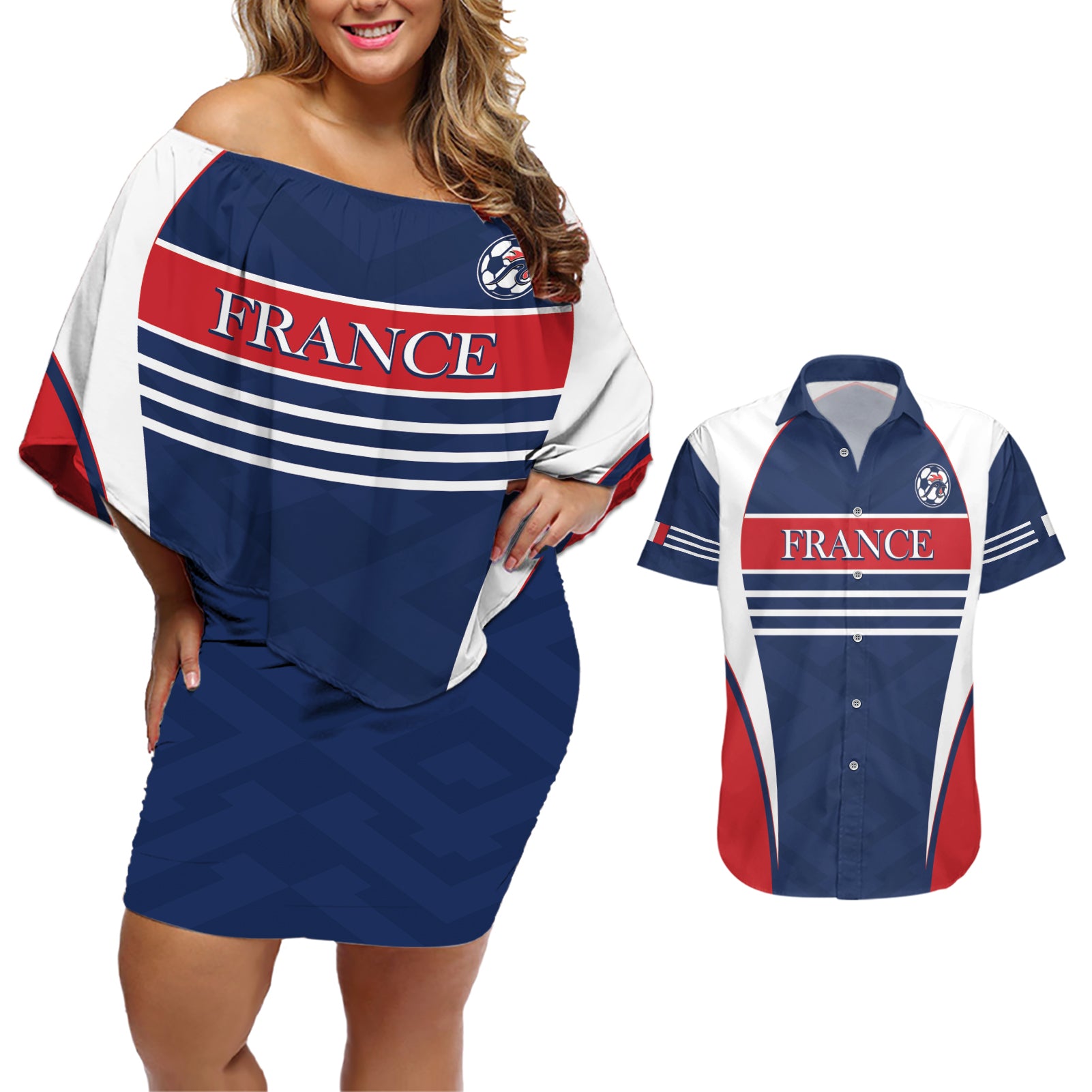 Custom France Football Couples Matching Off Shoulder Short Dress and Hawaiian Shirt Summer 2024 Les Bleues - Wonder Print Shop