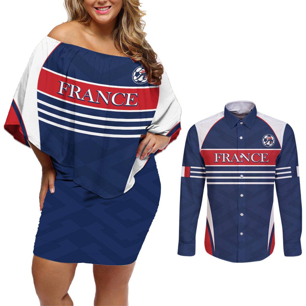 Custom France Football Couples Matching Off Shoulder Short Dress and Long Sleeve Button Shirt Summer 2024 Les Bleues - Wonder Print Shop