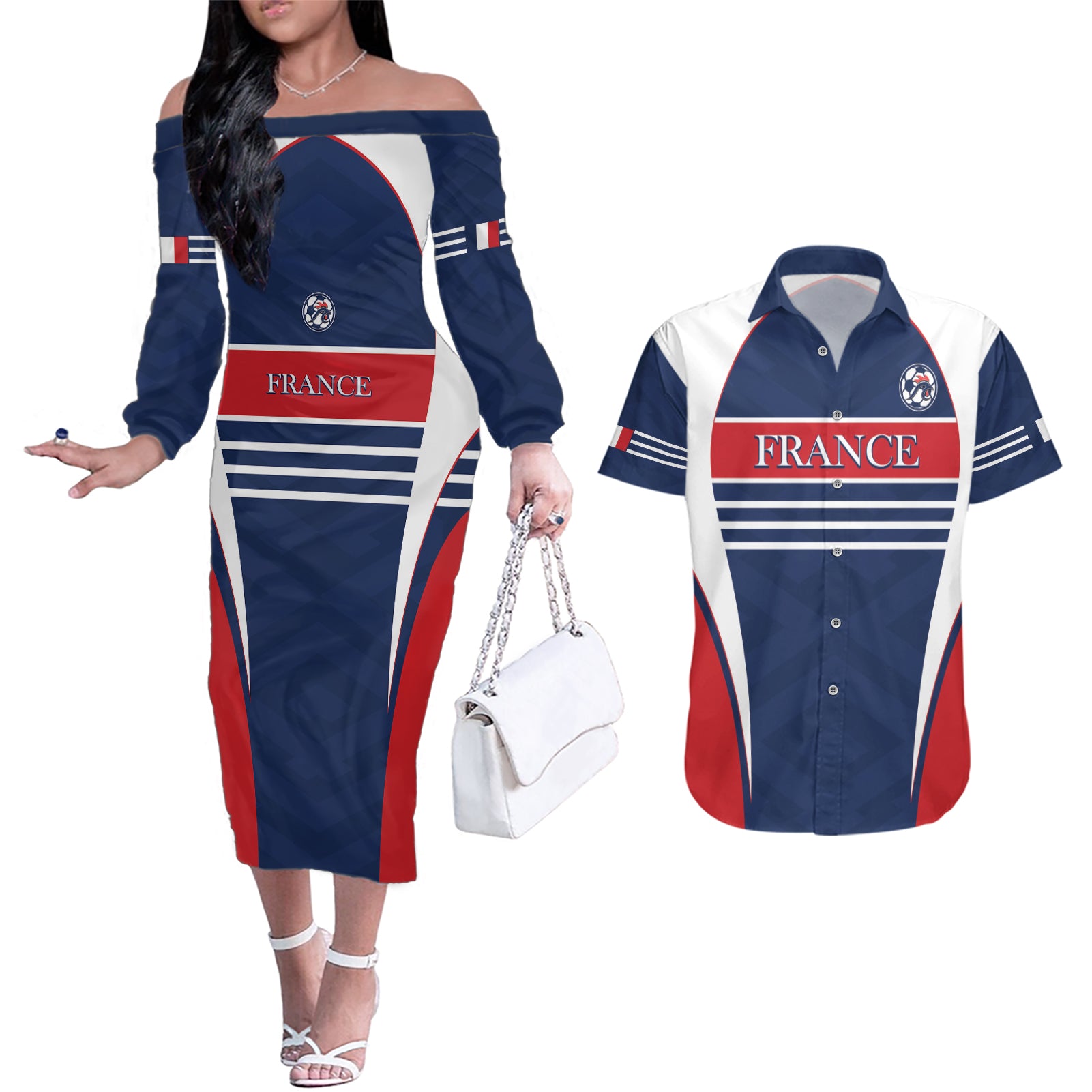 Custom France Football Couples Matching Off The Shoulder Long Sleeve Dress and Hawaiian Shirt Summer 2024 Les Bleues - Wonder Print Shop