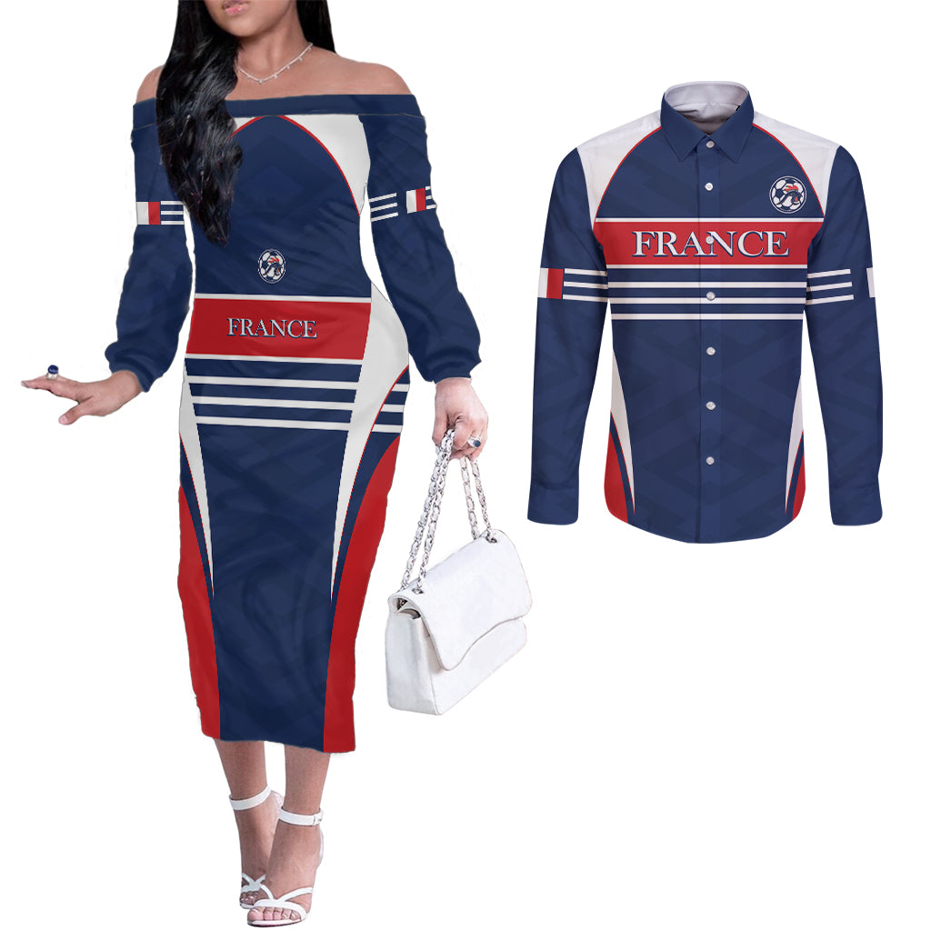 Custom France Football Couples Matching Off The Shoulder Long Sleeve Dress and Long Sleeve Button Shirt Summer 2024 Olympic Les Bleues