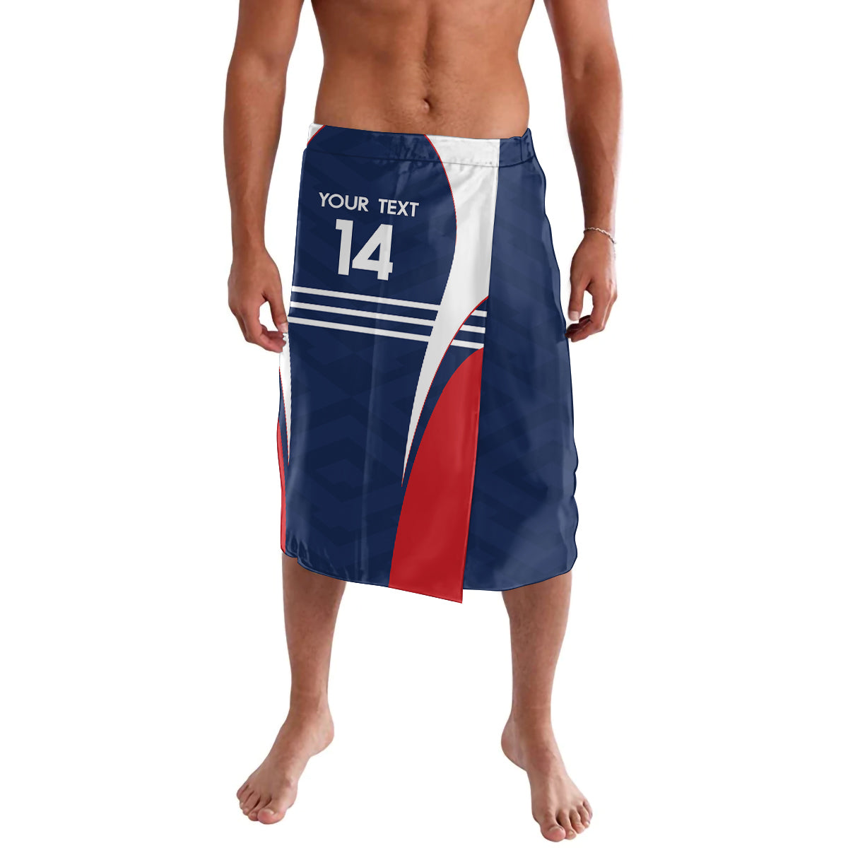 Custom France football lavalava shorts in blue, with YOUR TEXT 14 and red/white stripe panel