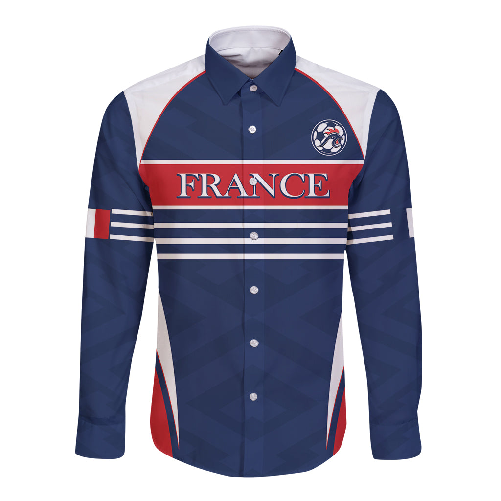 Navy blue long-sleeve button shirt with FRANCE text, crest, red-and-white stripe panel