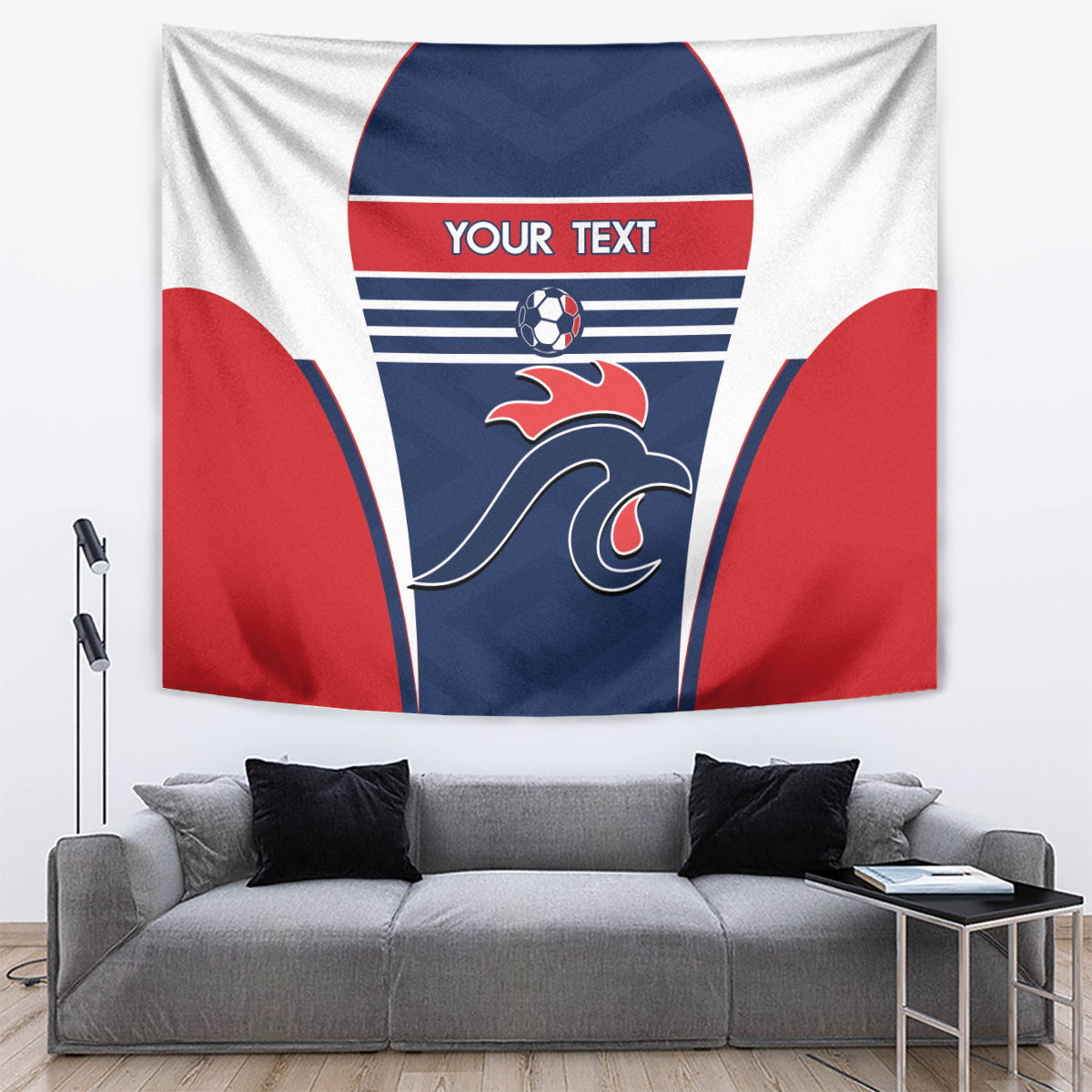 France football tapestry with blue-red soccer graphic and text area in center.