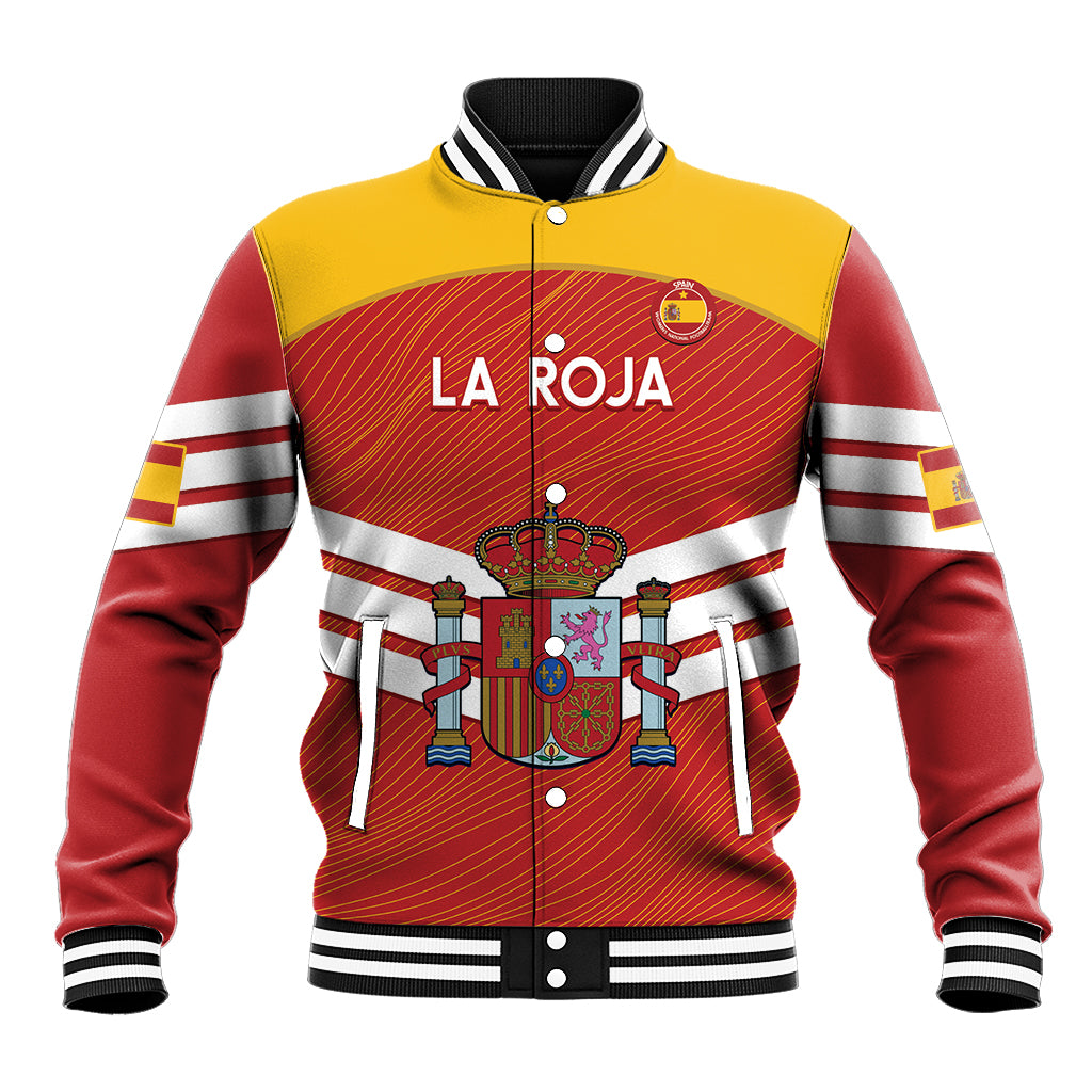 Red and yellow Spain football baseball jacket, front zip, LA ROJA crest, striped sleeves