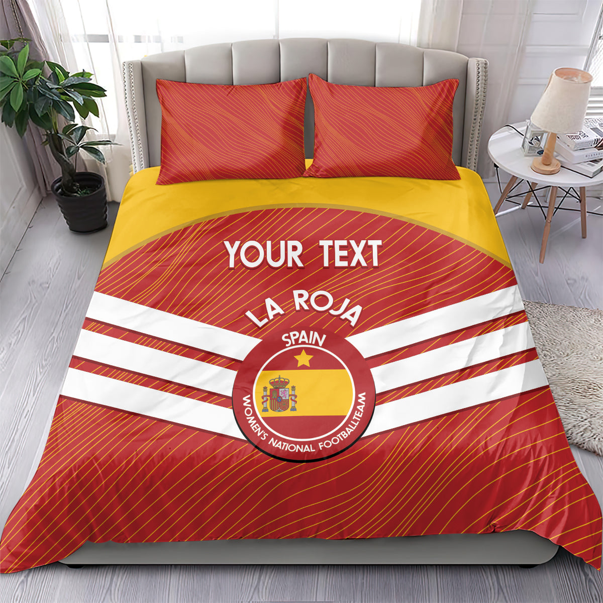 Spain La Roja bedding set with red textured pattern, yellow stripe, white bar crest design
