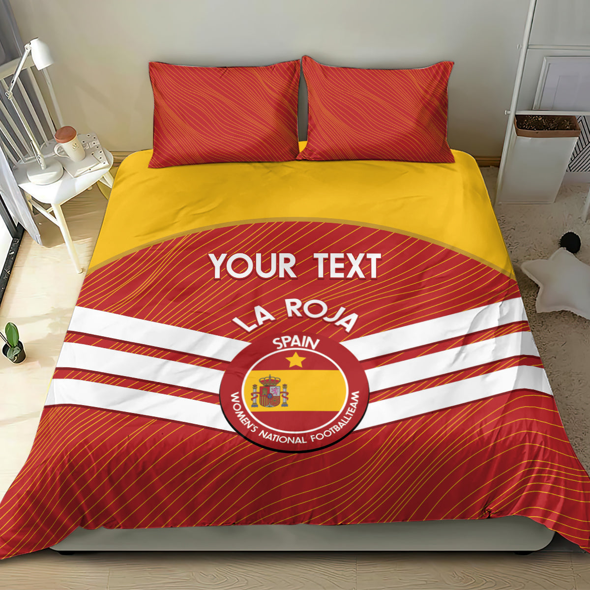 Red Spain bedding set with two pillow shams, yellow center panel, and La Roja crest