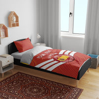 Red Spain football bedding set with La Roja logo on duvet and matching red pillow shams