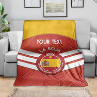 Throw Spain football blanket with red ground, white stripes, crest logo, and 'YOUR TEXT'.