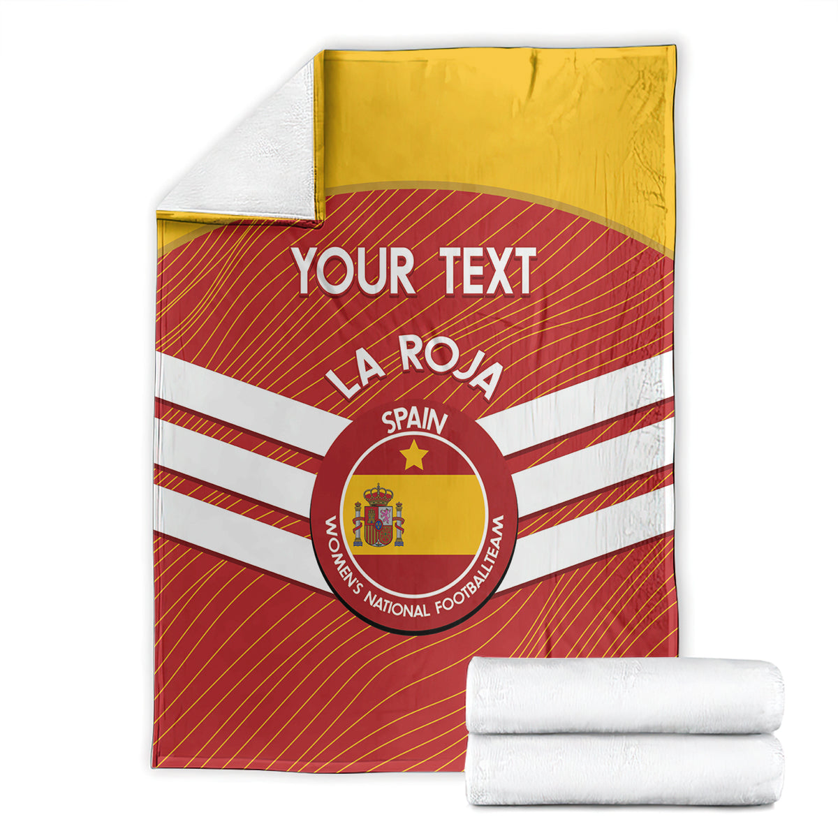 Studio Spain football blanket folded with yellow top, red stripes, crest, and 'YOUR TEXT'.
