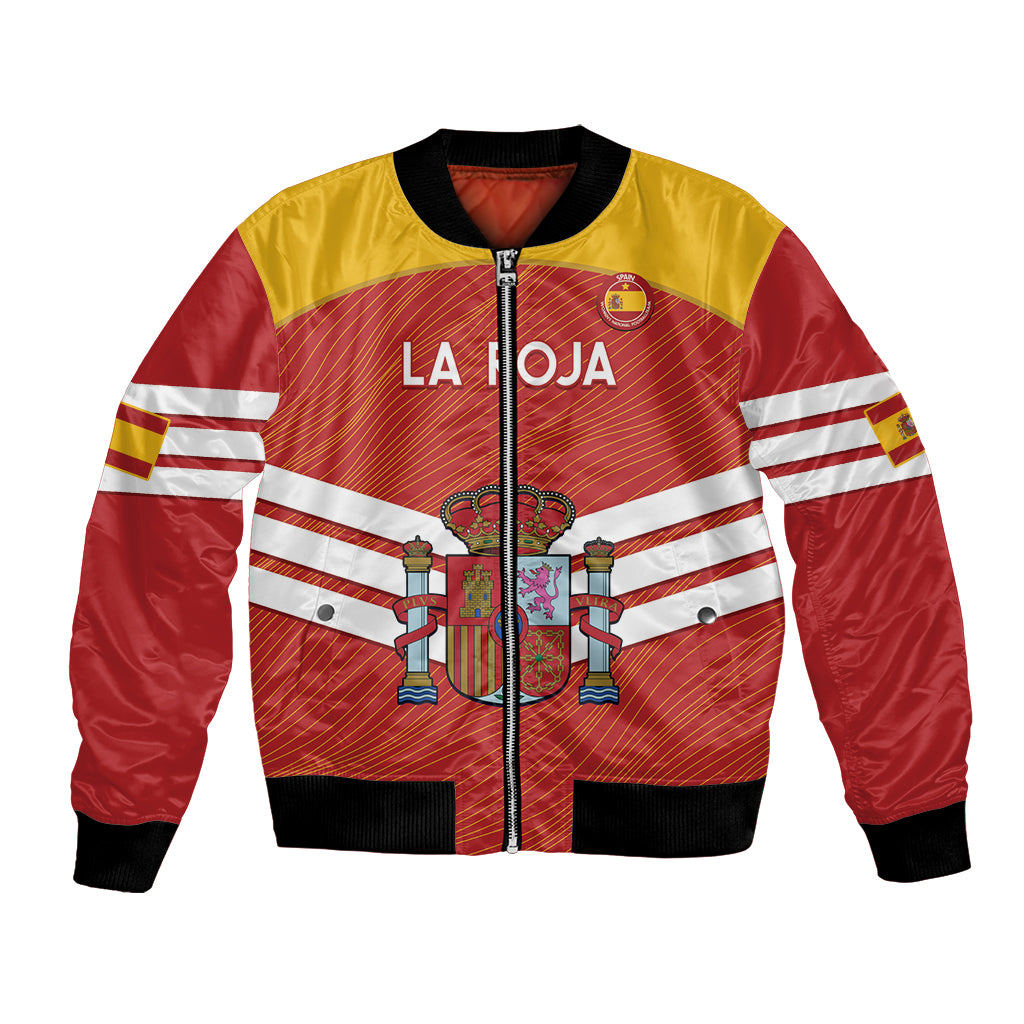 Red and yellow bomber jacket with Spain crest, LA ROJA text, ribbed collar and cuffs