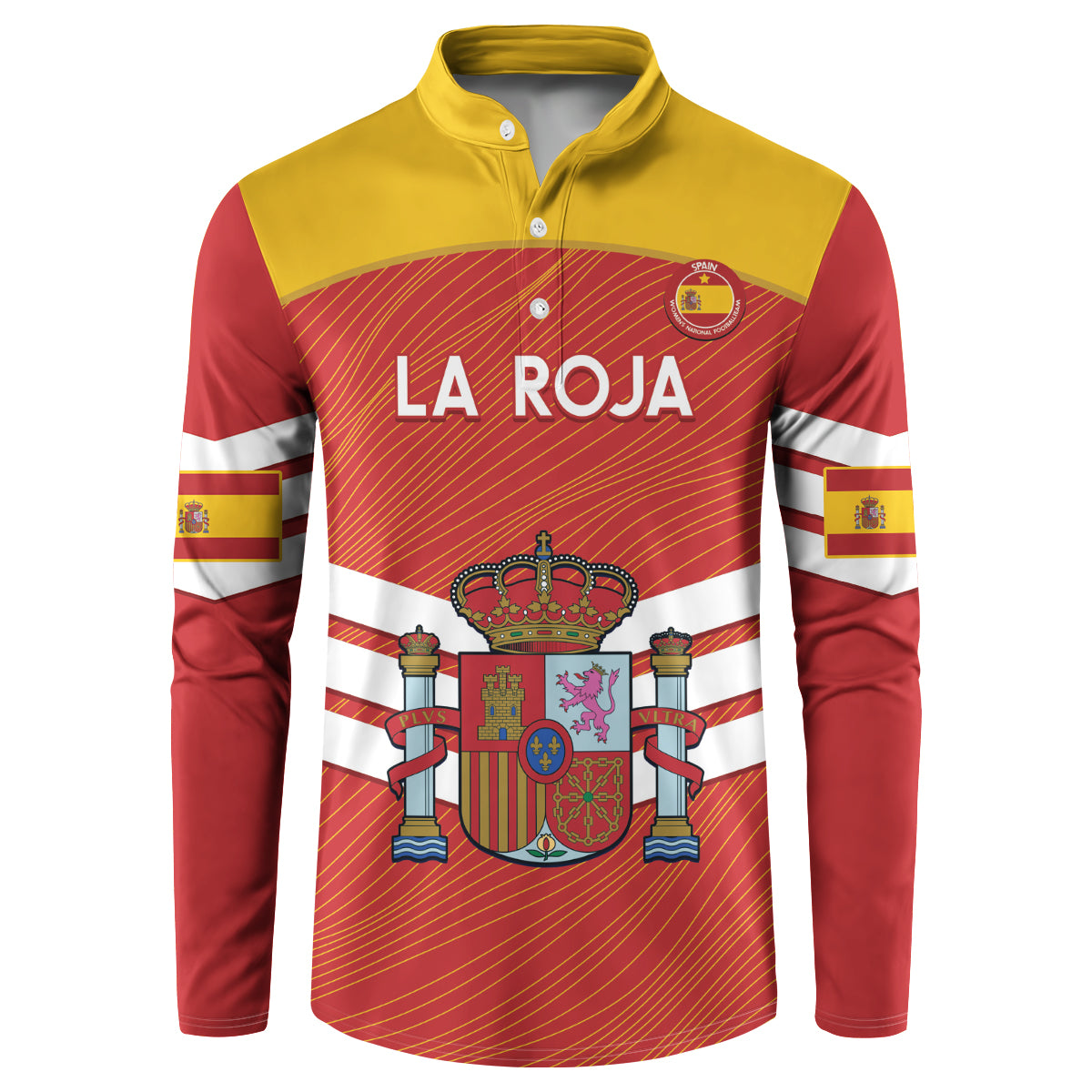 Spain fan button sweatshirt in yellow and red with 'LA ROJA' front graphic and crest