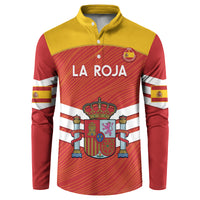 Spain fan button sweatshirt in yellow and red with 'LA ROJA' front graphic and crest