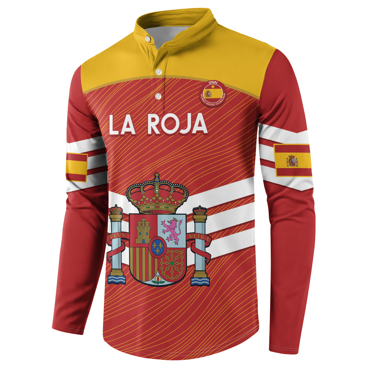 Spain fan button sweatshirt in yellow and red with 'LA ROJA' chest graphic and crest