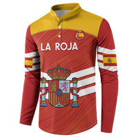 Spain fan button sweatshirt in yellow and red with 'LA ROJA' chest graphic and crest